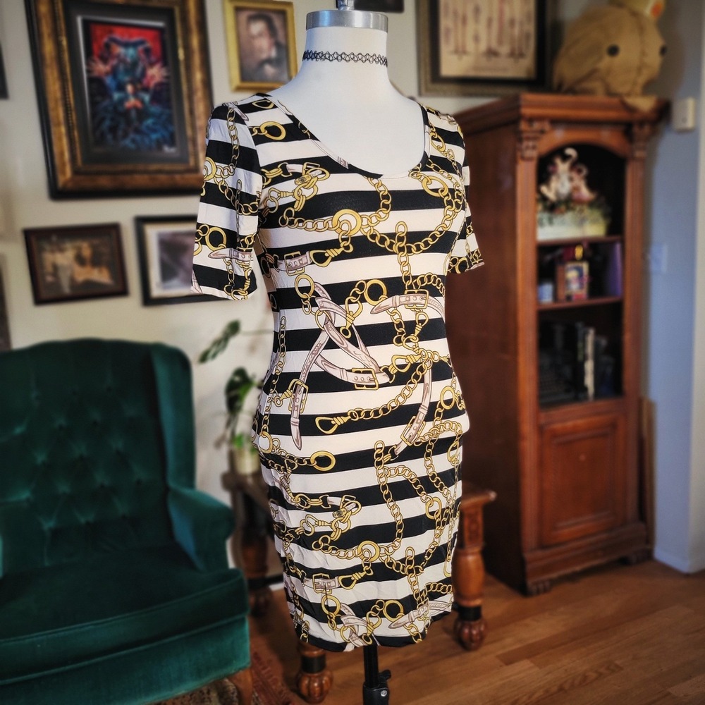 Mini‎ Dress Cherish Black White Striped Gold Chain Print Bodycon Short Sleeve S